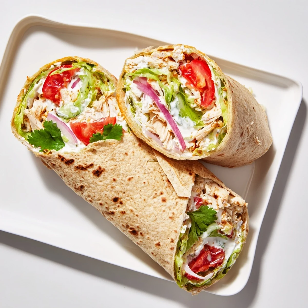 Whole grain cottage cheese flatbread roll filled with juicy seasoned chicken and colorful fresh vegetable toppings