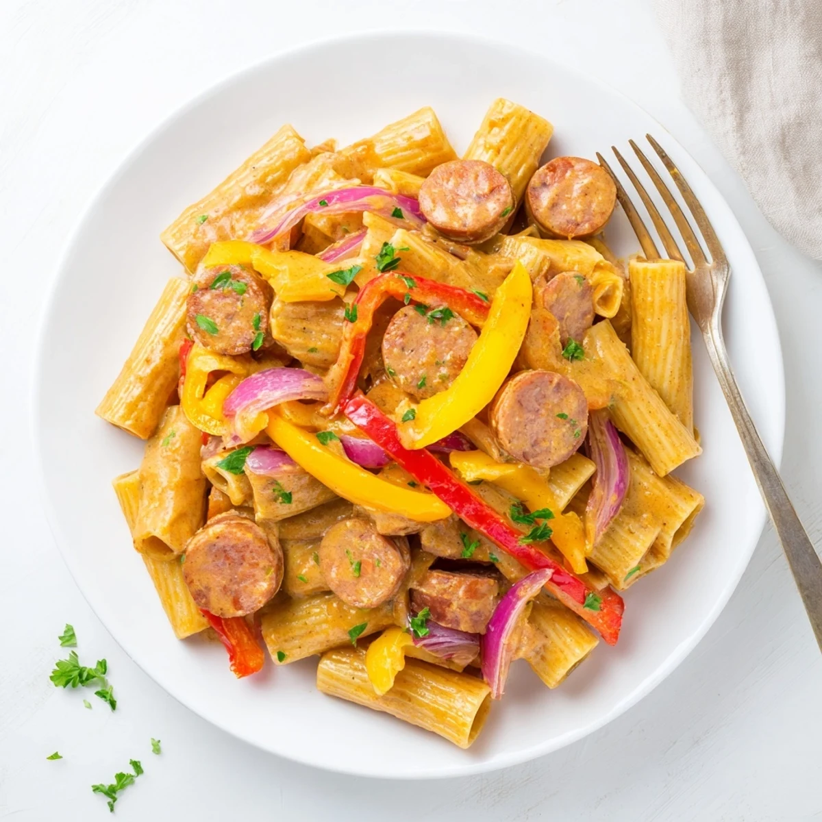 Rigatoni tossed with spicy andouille sausage, red and yellow bell peppers in a rich Cajun cream sauce