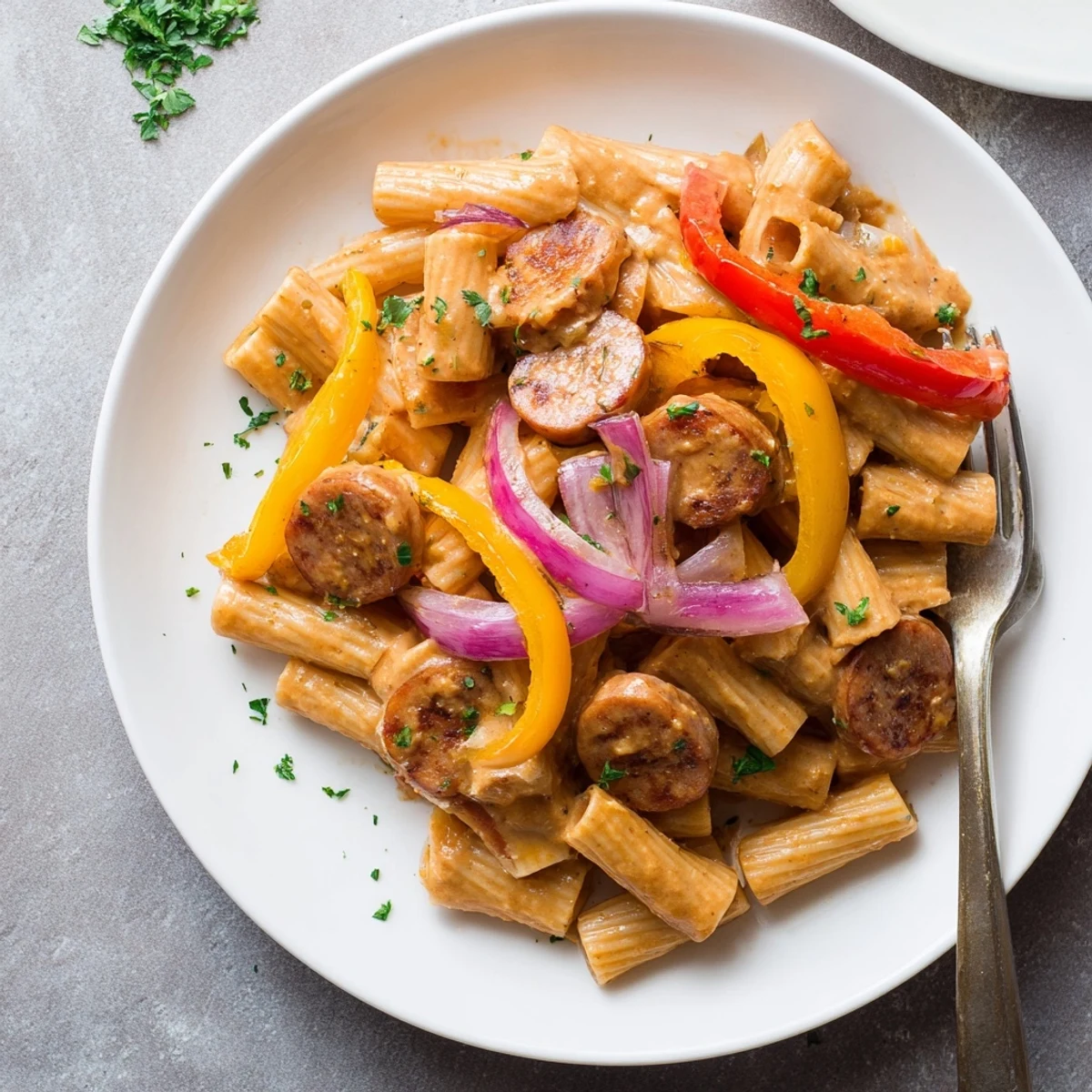 Creamy Cajun sausage pasta in a bowl topped with colorful peppers and fresh parsley