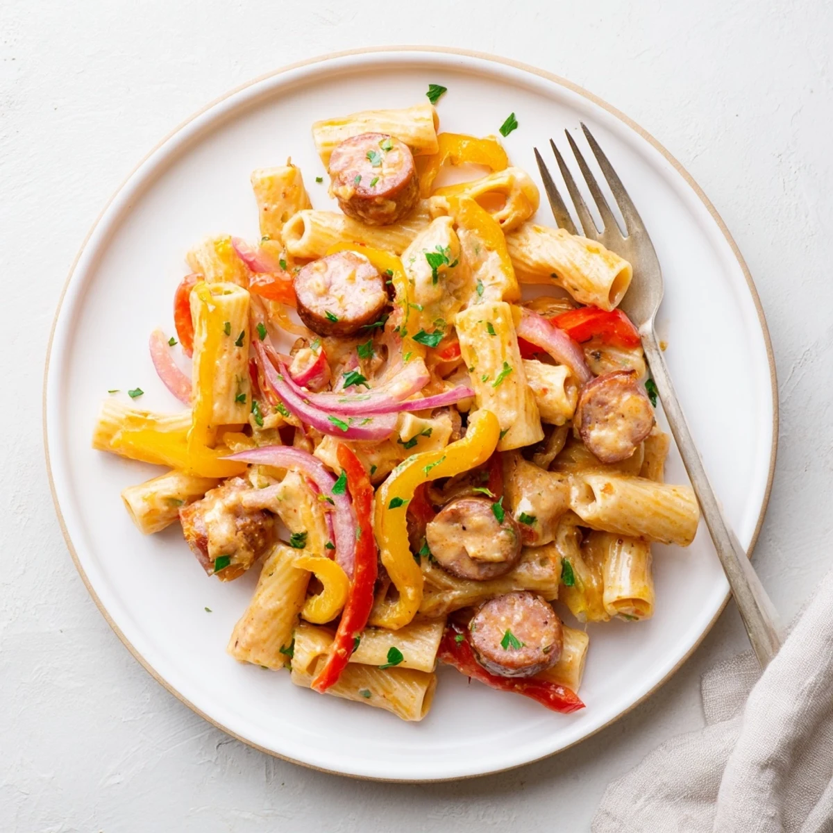 Close up of Cajun sausage pasta with smoky sliced sausage, vibrant vegetables, and grated Parmesan cheese