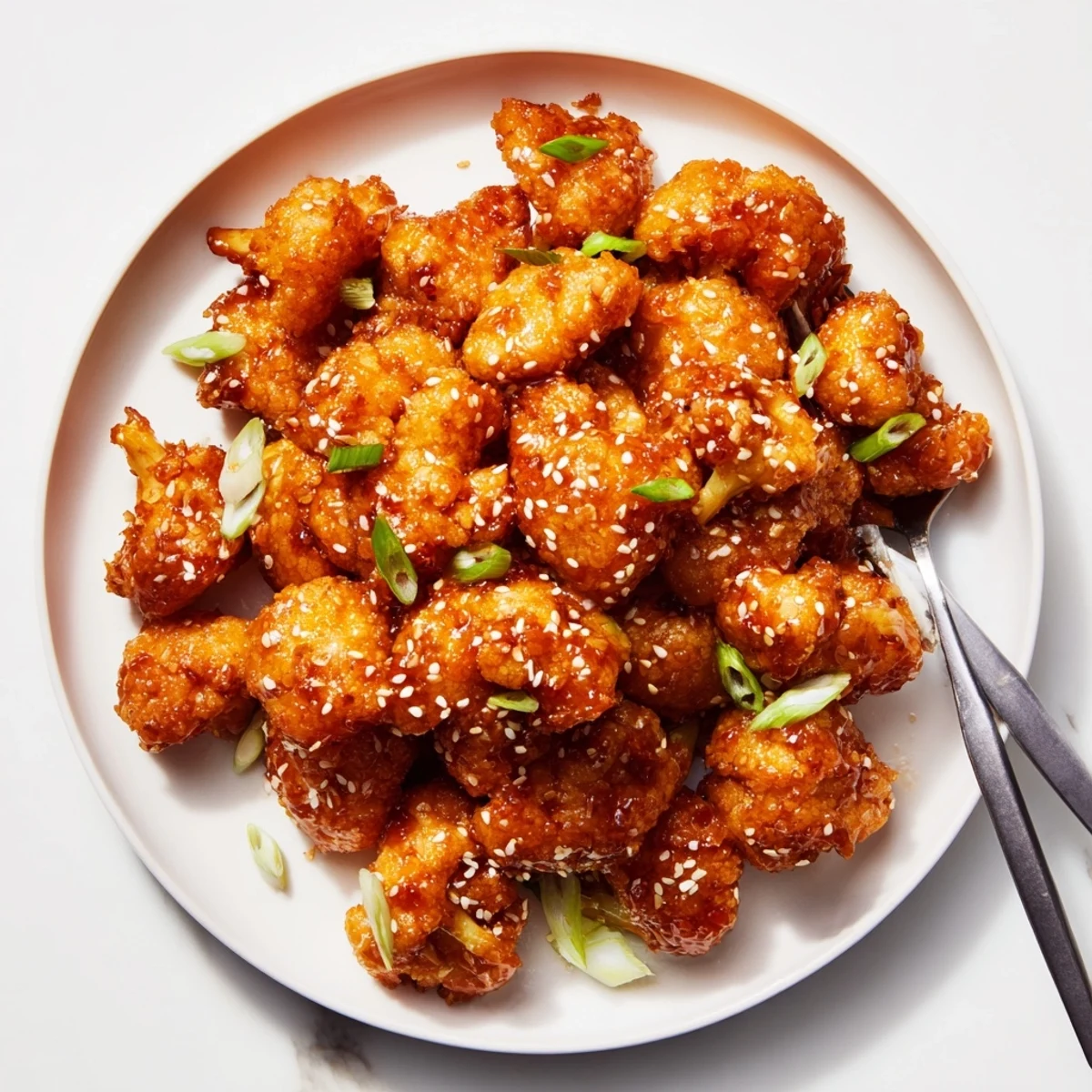 Golden crispy sticky honey garlic cauliflower glazed in sweet savory sauce and topped with fresh green onions and sesame seeds
