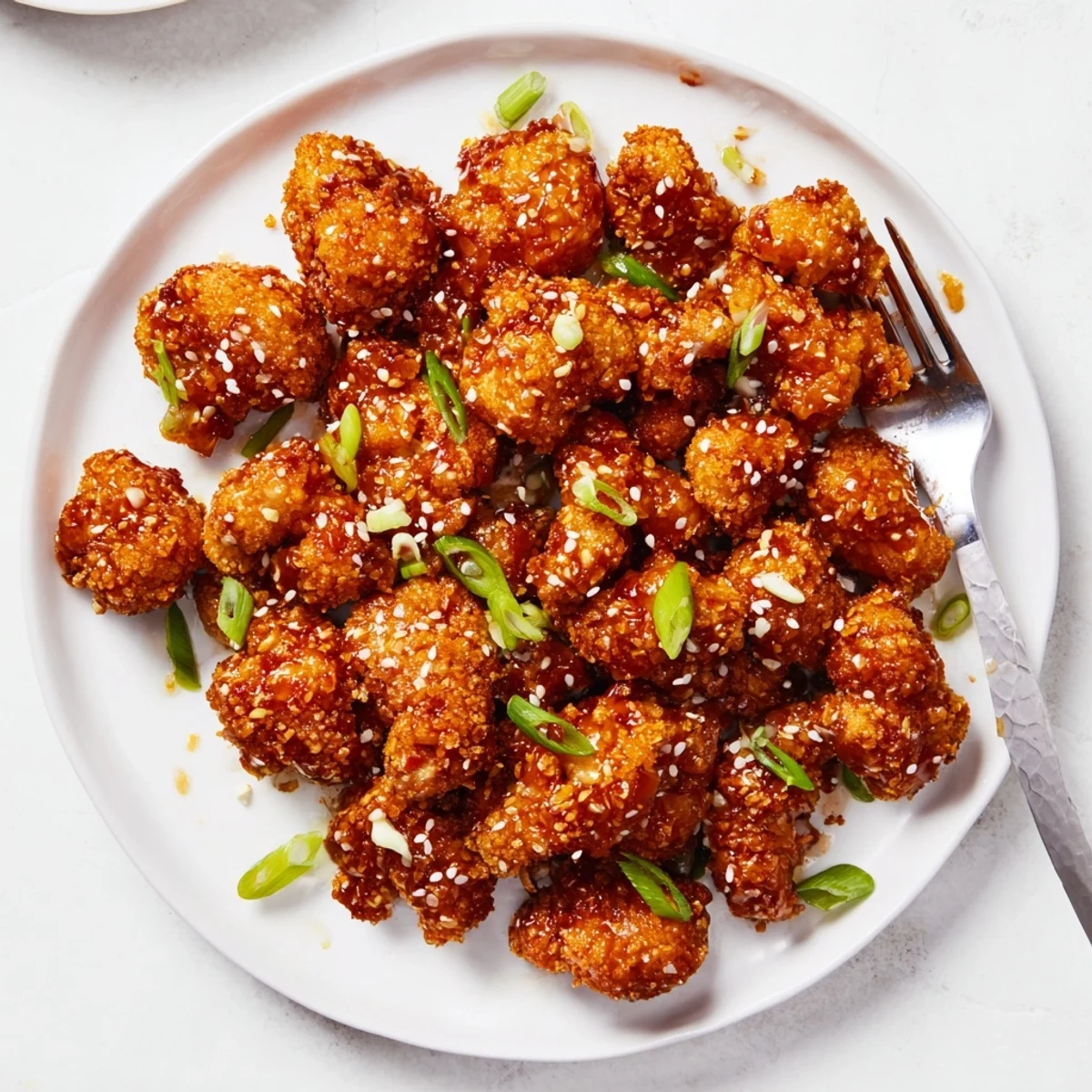 Baked sticky honey garlic cauliflower florets coated in a thick honey garlic glaze with sesame seed garnish