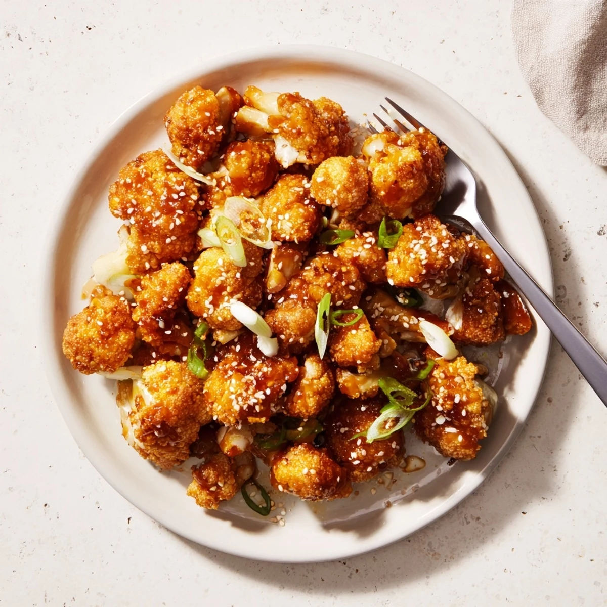 Plate of sticky honey garlic cauliflower featuring crispy battered pieces tossed in a rich honey garlic sauce