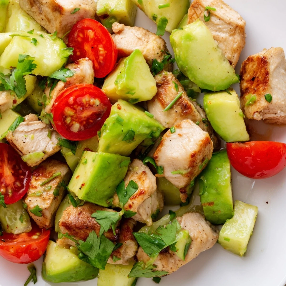 Colorful healthy avocado chicken salad bowl with juicy grilled chicken, fresh diced avocado, cherry tomatoes, and cucumber tossed in zesty lime dressing