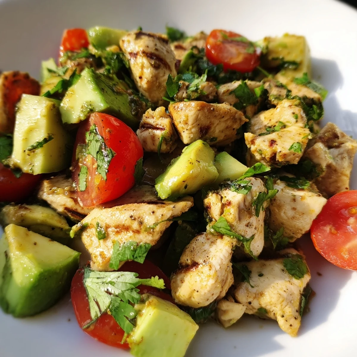 Fresh healthy avocado chicken salad plated with tender chicken pieces, ripe avocado, red onion, and cherry tomatoes drizzled with tangy lime vinaigrette