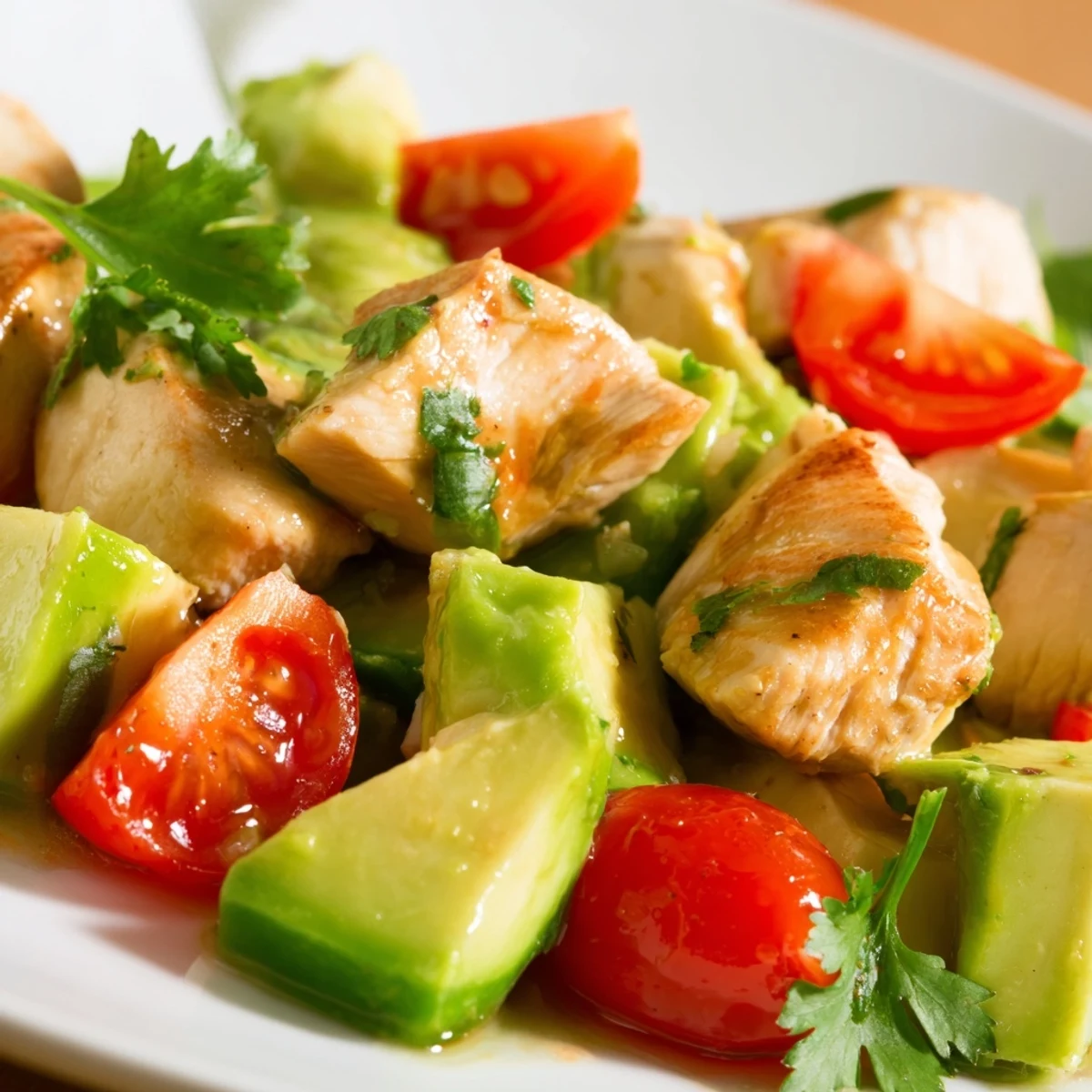 Sliced grilled chicken breast atop vibrant healthy avocado chicken salad with crisp vegetables, creamy avocado chunks, and bright cilantro garnish