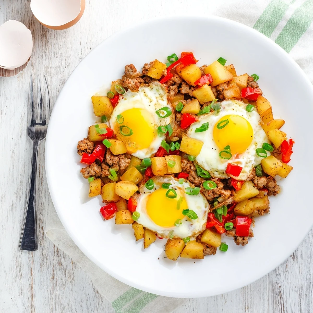 Sizzling Cajun beef sausage hash with eggs, onions, bell peppers, and tender potatoes garnished with fresh green onions