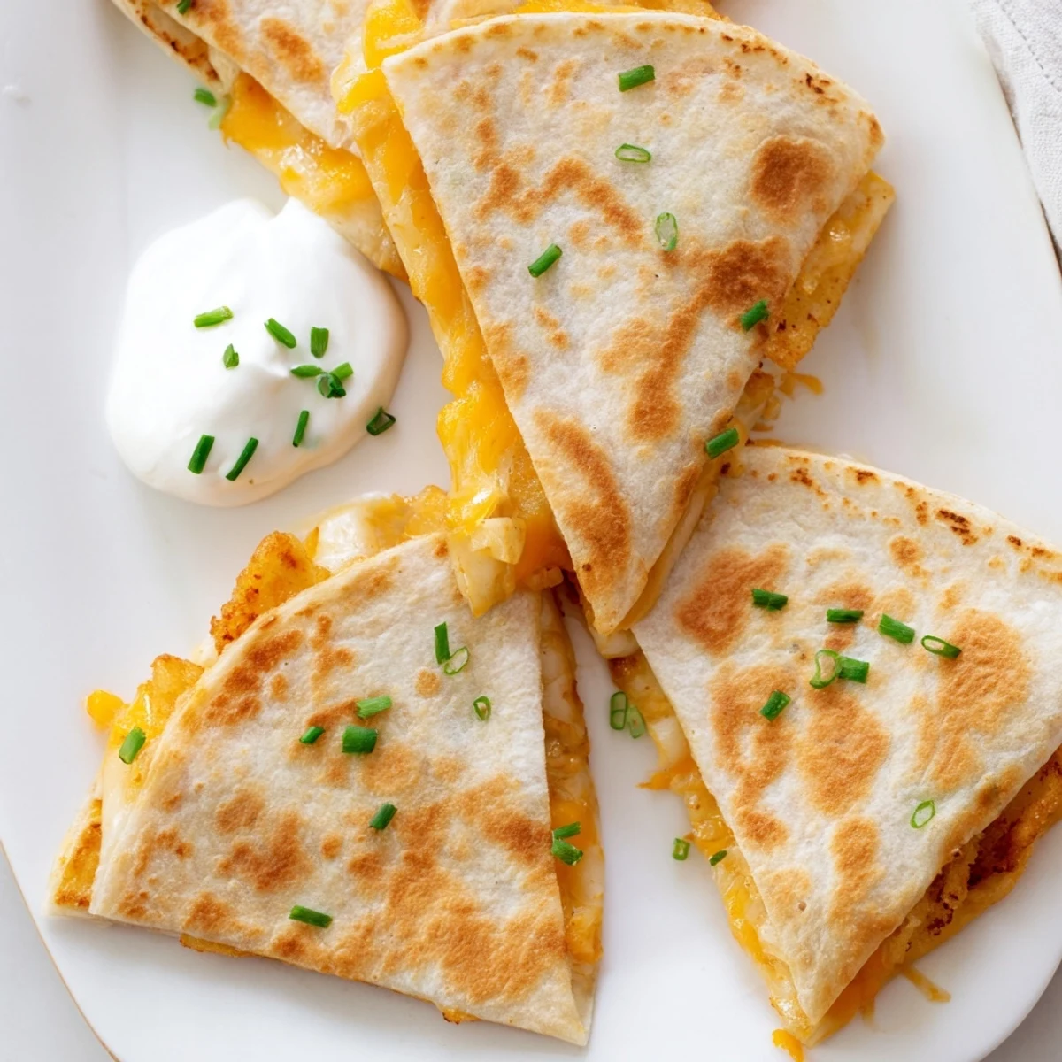 Sliced wedges of cheesy onion ring chips quesadilla served with sour cream and salsa