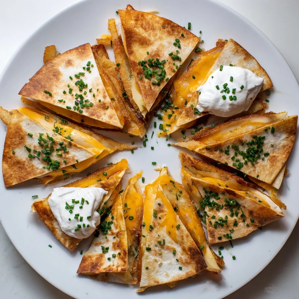 Golden tortilla quesadilla stuffed with crispy onion ring chips and melted cheddar cheese