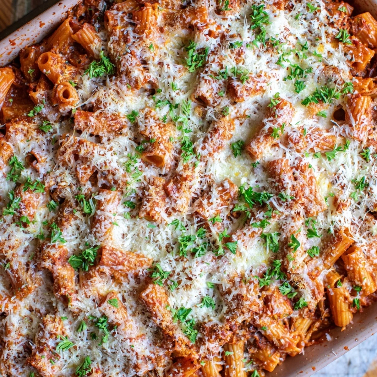 Golden cheesy chuck roast pasta bake with bubbling tomato sauce and shredded beef layers