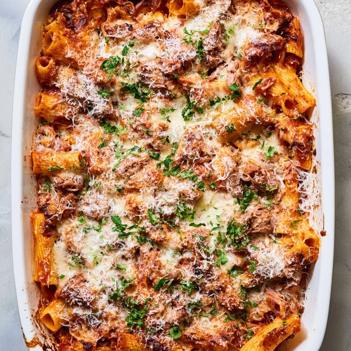 Tender slow-cooked chuck roast pasta bake casserole with melted mozzarella and rich tomato ragu
