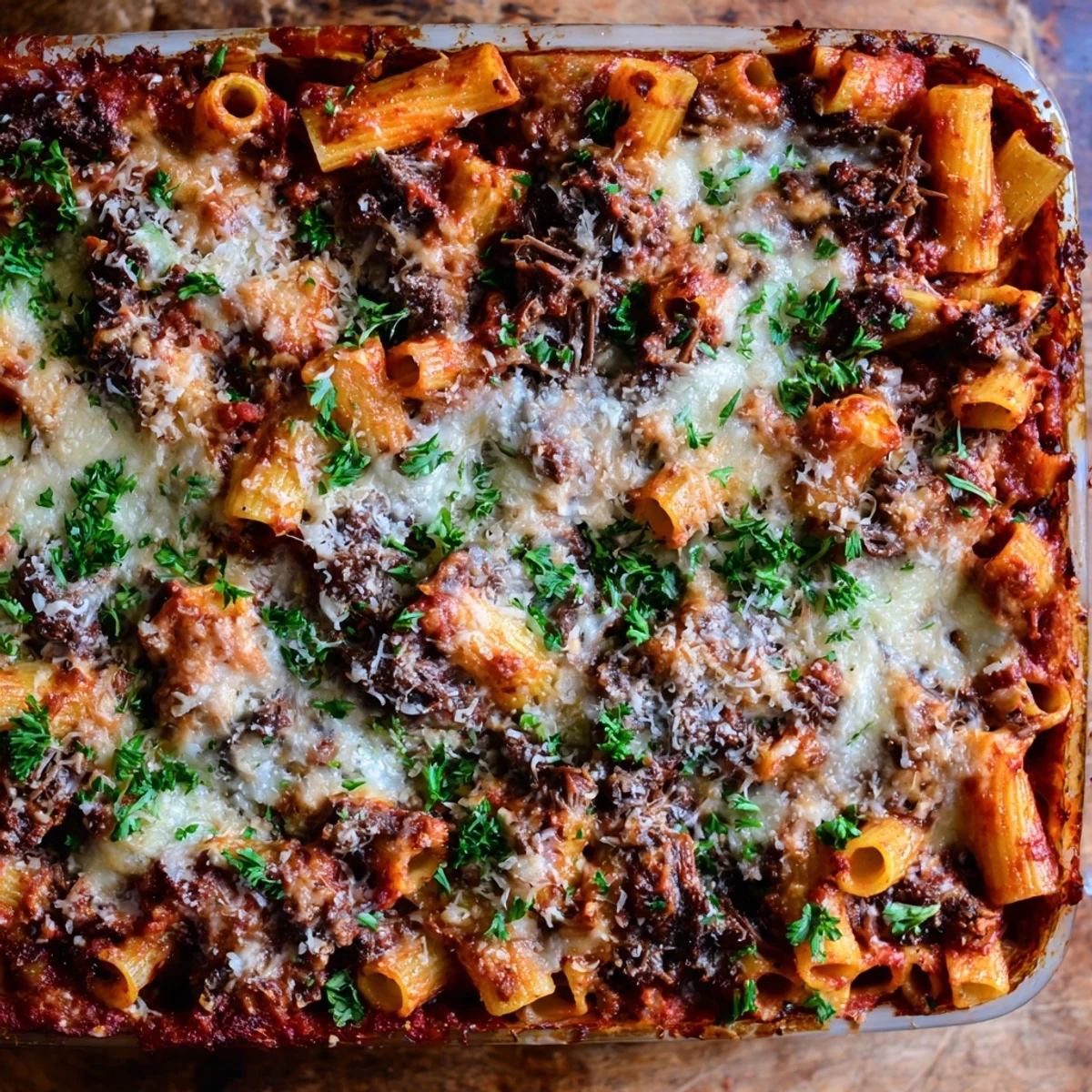 Hearty rigatoni chuck roast pasta bake dish topped with golden Parmesan and fresh parsley garnish