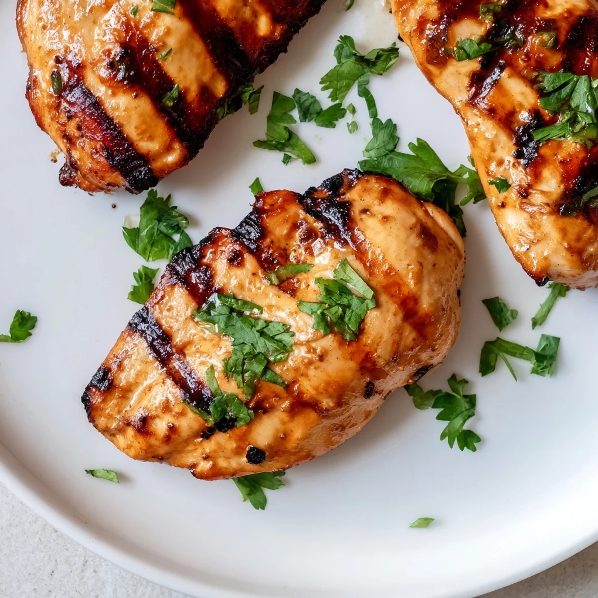 Golden brown Key West Grilled Chicken garnished with fresh cilantro and lime wedges on a white plate