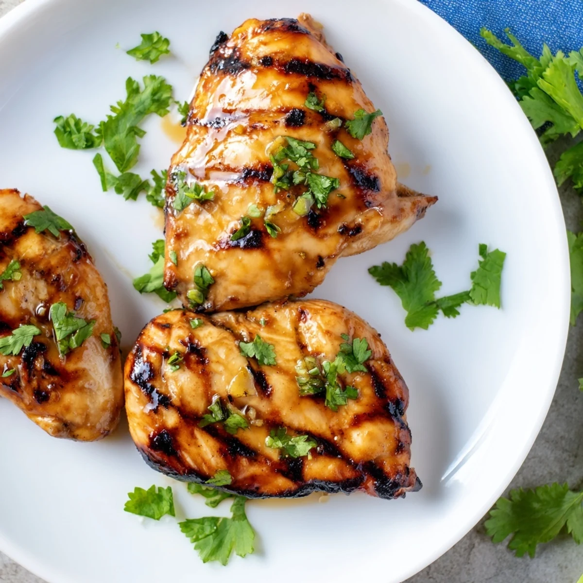 Juicy honey lime marinated Key West Grilled Chicken resting on a cutting board with tropical fruit accents