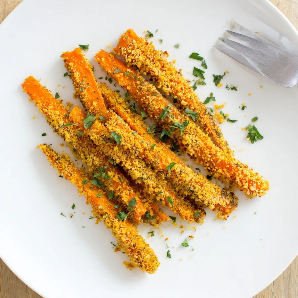Golden cheese over tender roasted carrot sticks garnished with fresh green parsley.