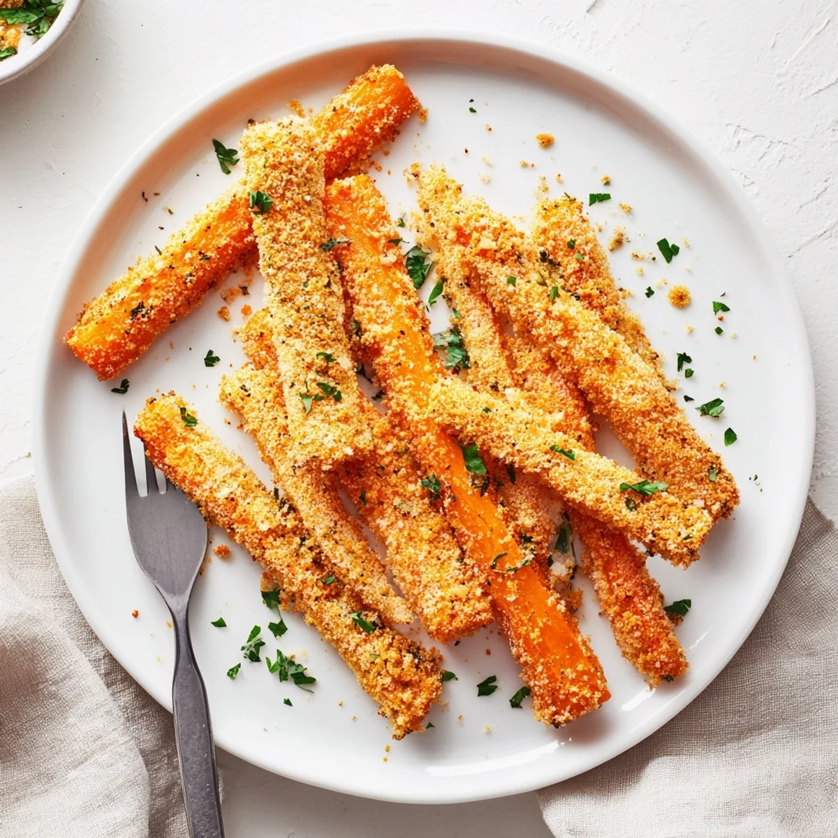Golden brown carrot sticks baked with crunchy Parmesan breadcrumb coating on white parchment paper.