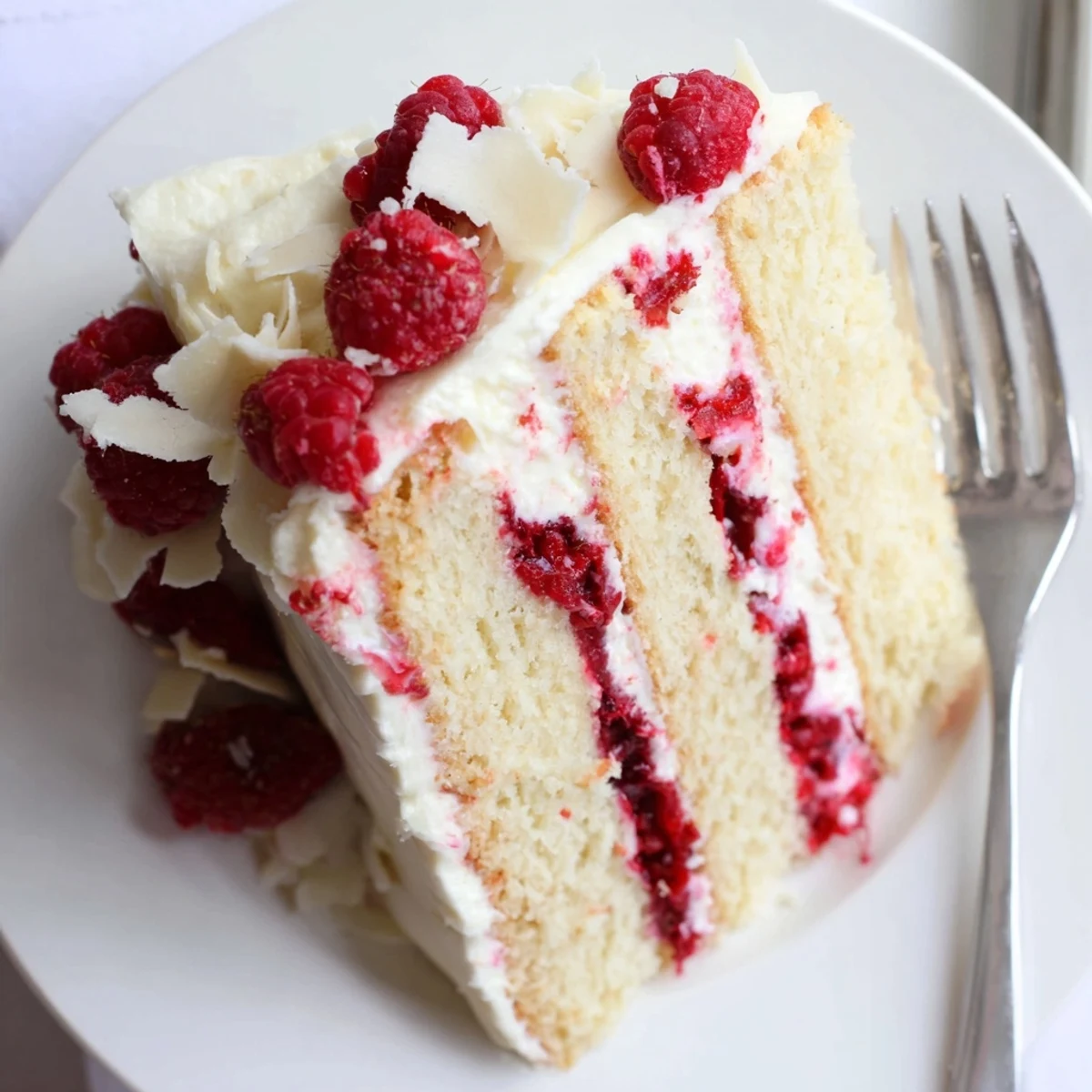 White chocolate raspberry dream cake layered with fresh raspberry filling and creamy white chocolate frosting