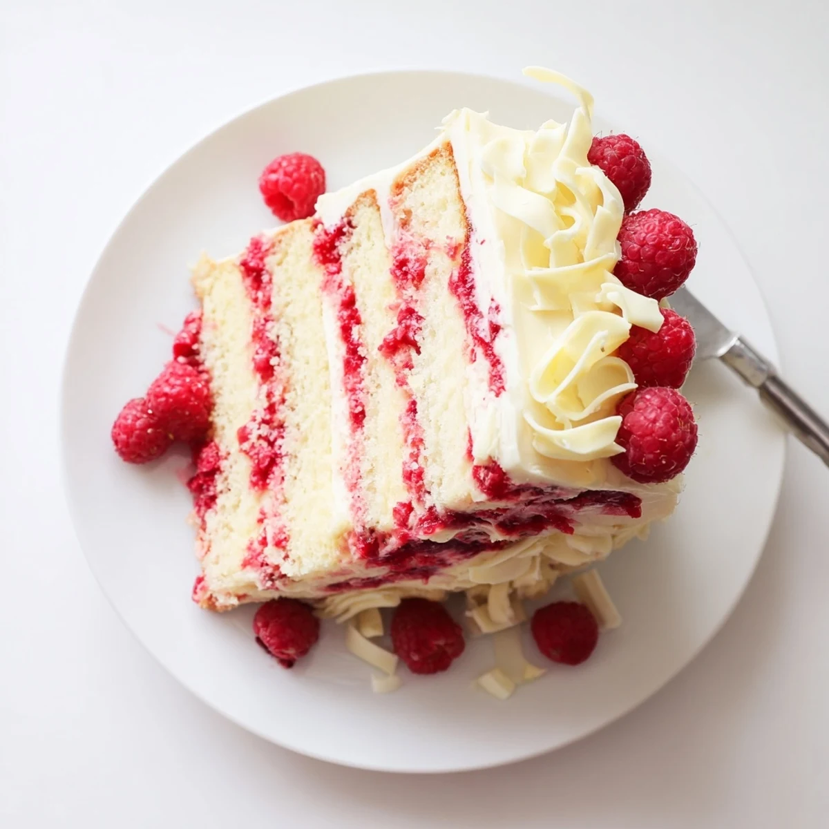Triple layer white chocolate raspberry dream cake with tart raspberry filling and smooth cream cheese frosting