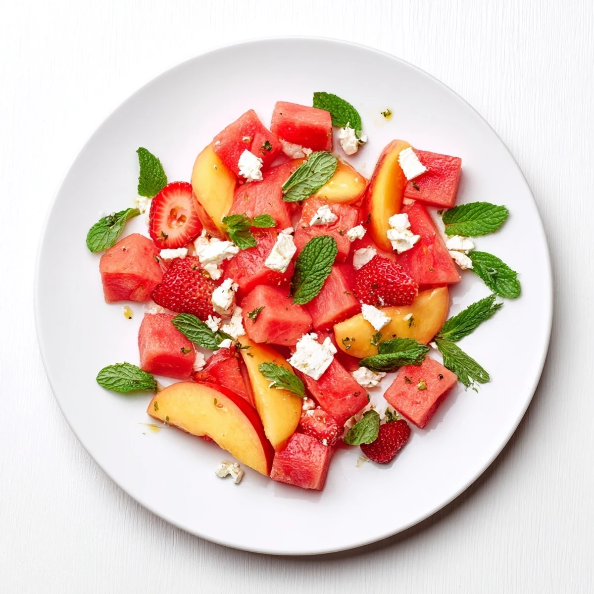 Fresh summer peach watermelon salad bowl with mint and lime dressing on wooden table
