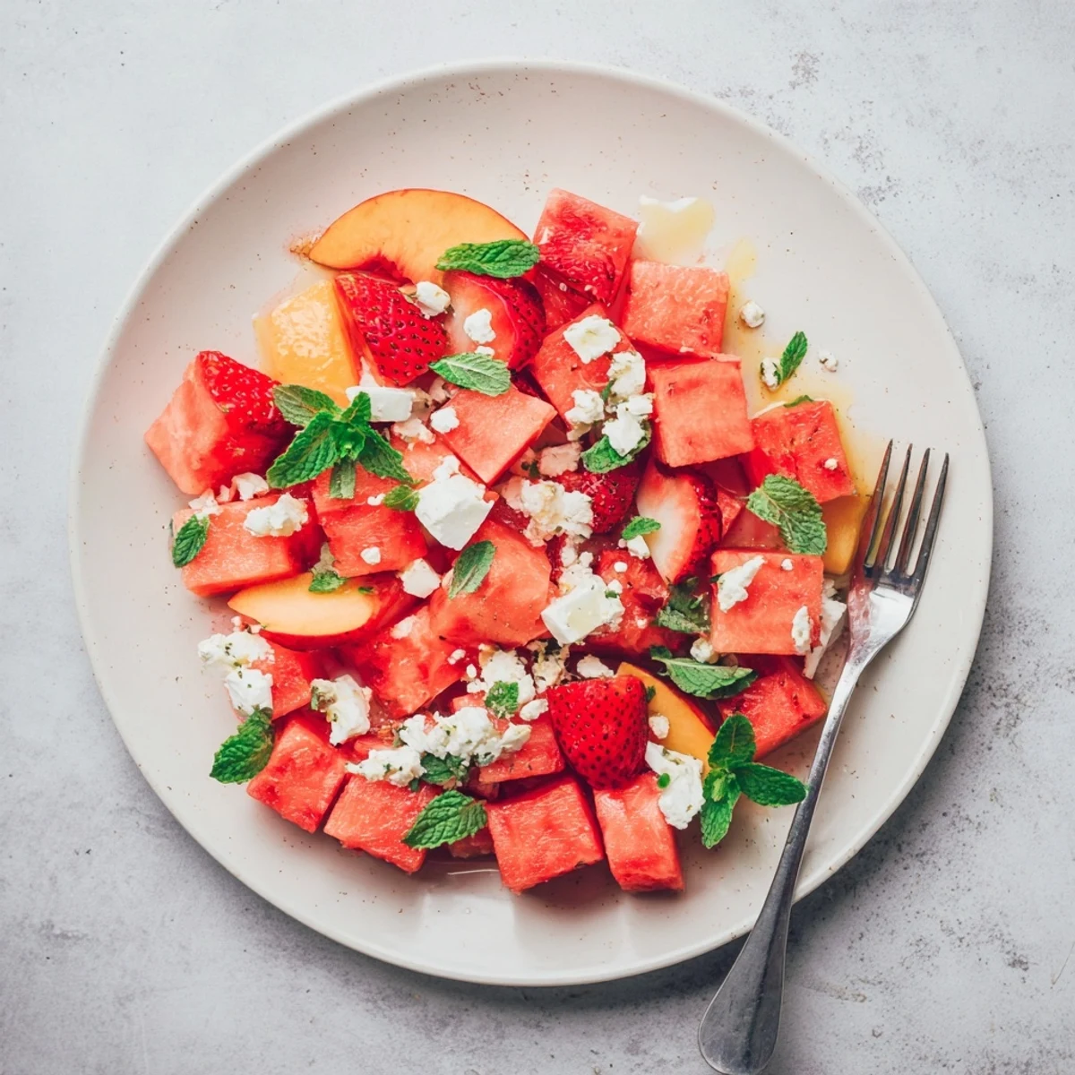 Colorful summer peach watermelon salad plated with crumbled feta and fresh mint garnish