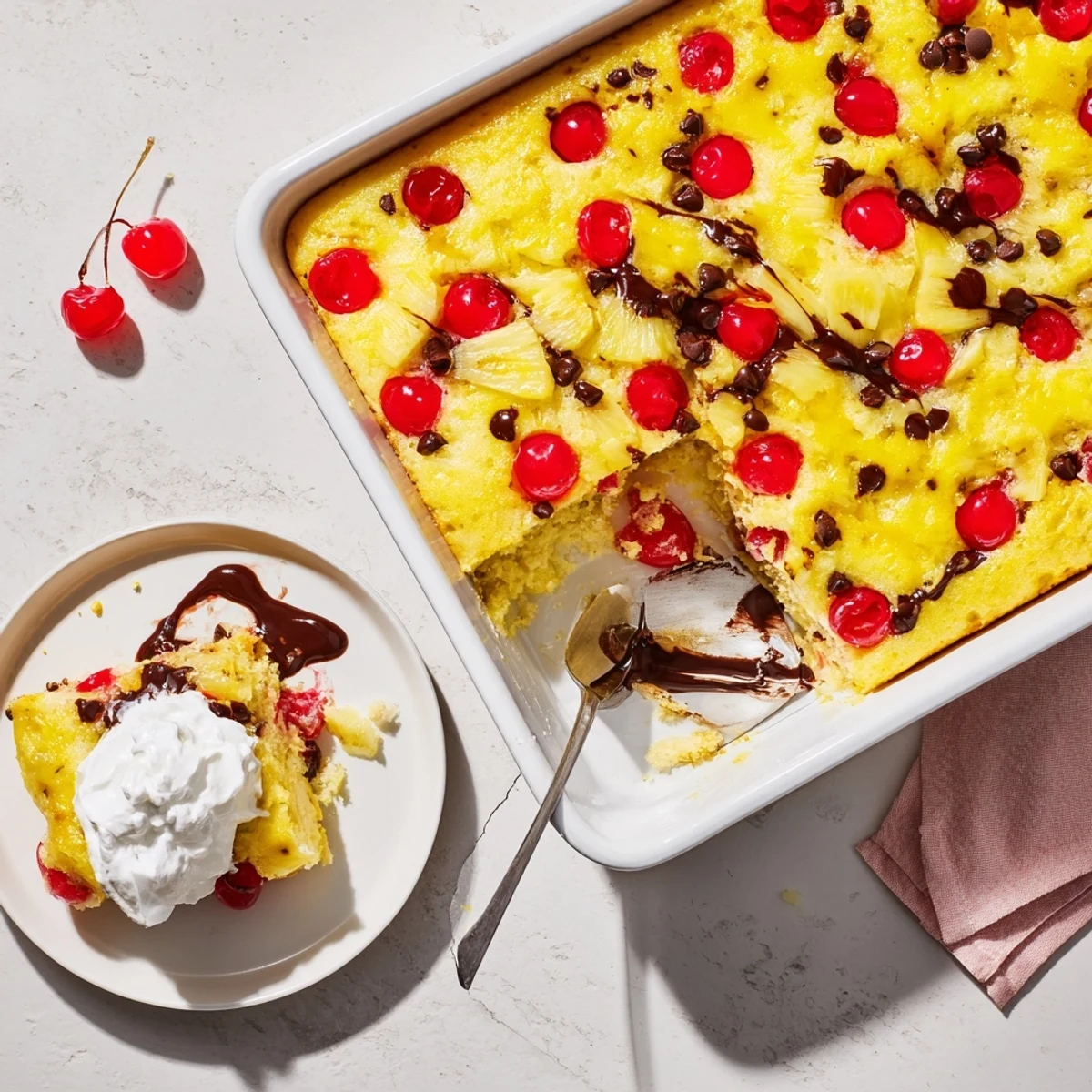 Baked banana split dump cake with bubbly pineapple filling and melted butter yellow cake crumble