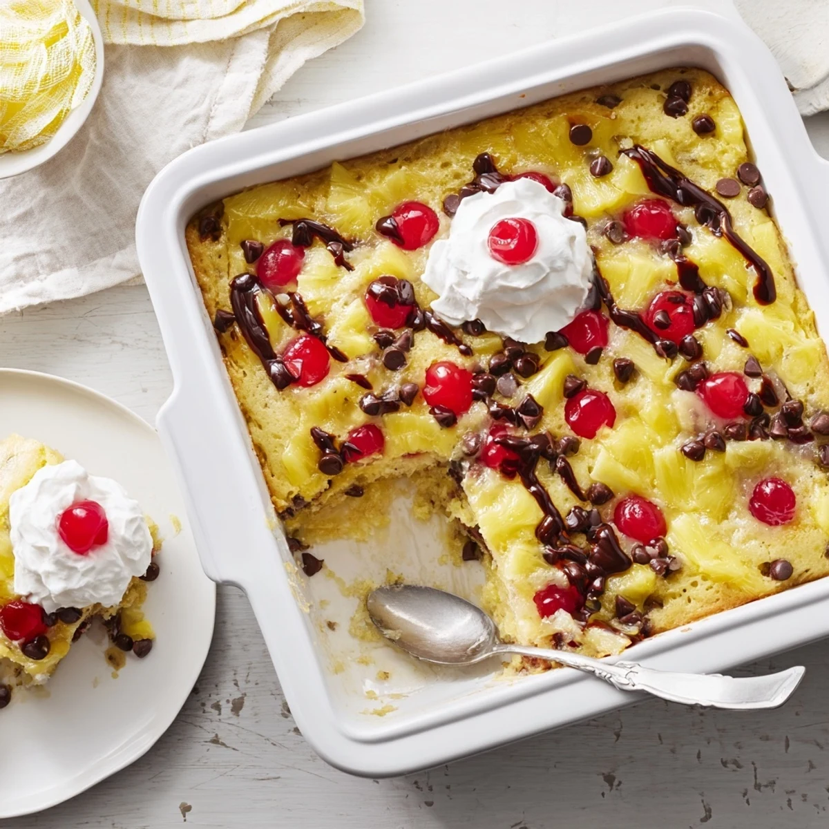Golden banana split dump cake topped with whipped cream, chocolate syrup and maraschino cherry