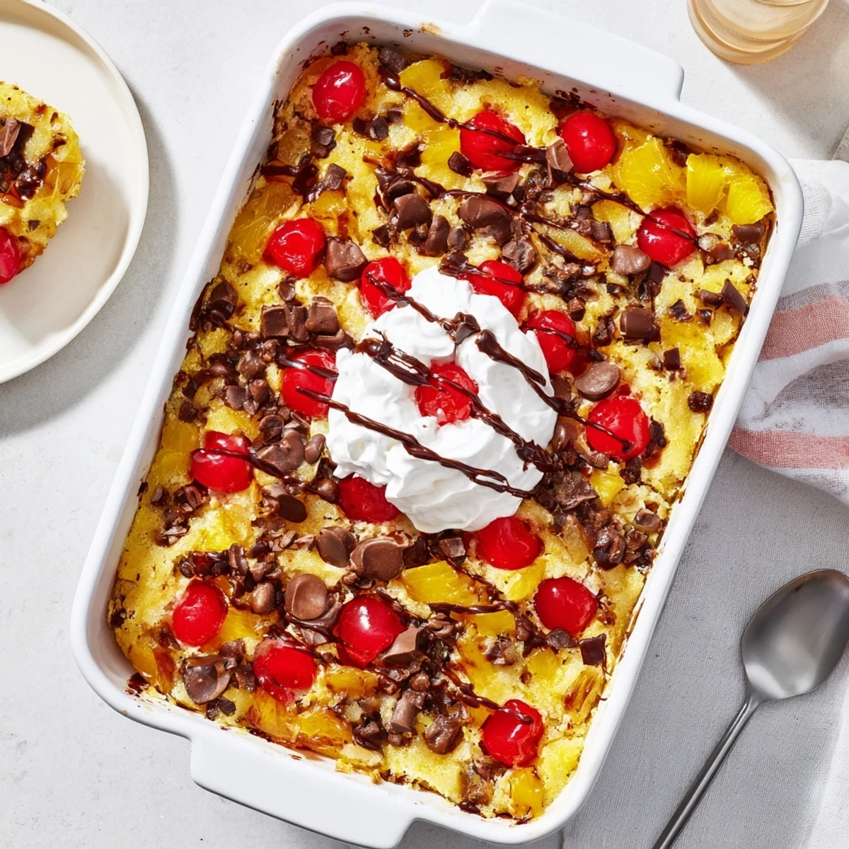 Sliced banana and pineapple layered under buttery yellow cake mix in this banana split dump cake