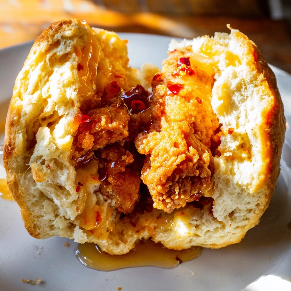 Southern-style hot honey chicken biscuits drizzled with spicy honey glaze on white plate