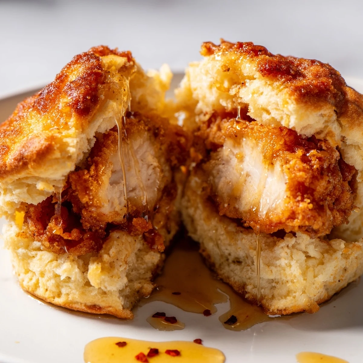 Golden hot honey chicken biscuits featuring crispy fried chicken between fluffy butterm biscuit halves