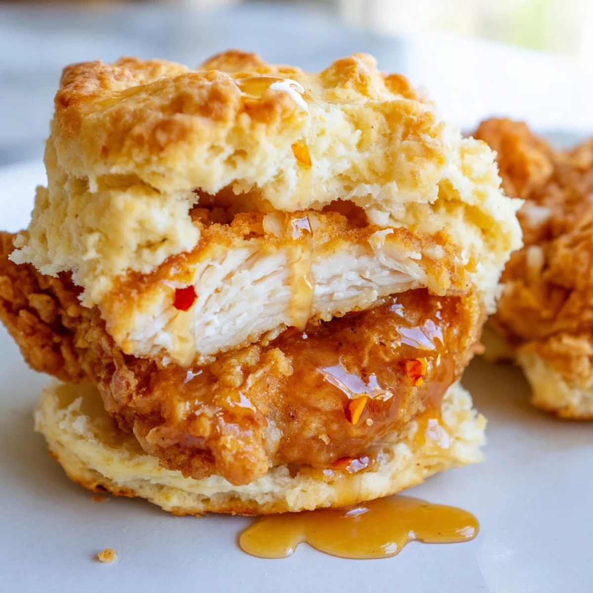 Flaky buttermilk biscuits stacked with golden fried chicken dripping with sweet spicy honey sauce
