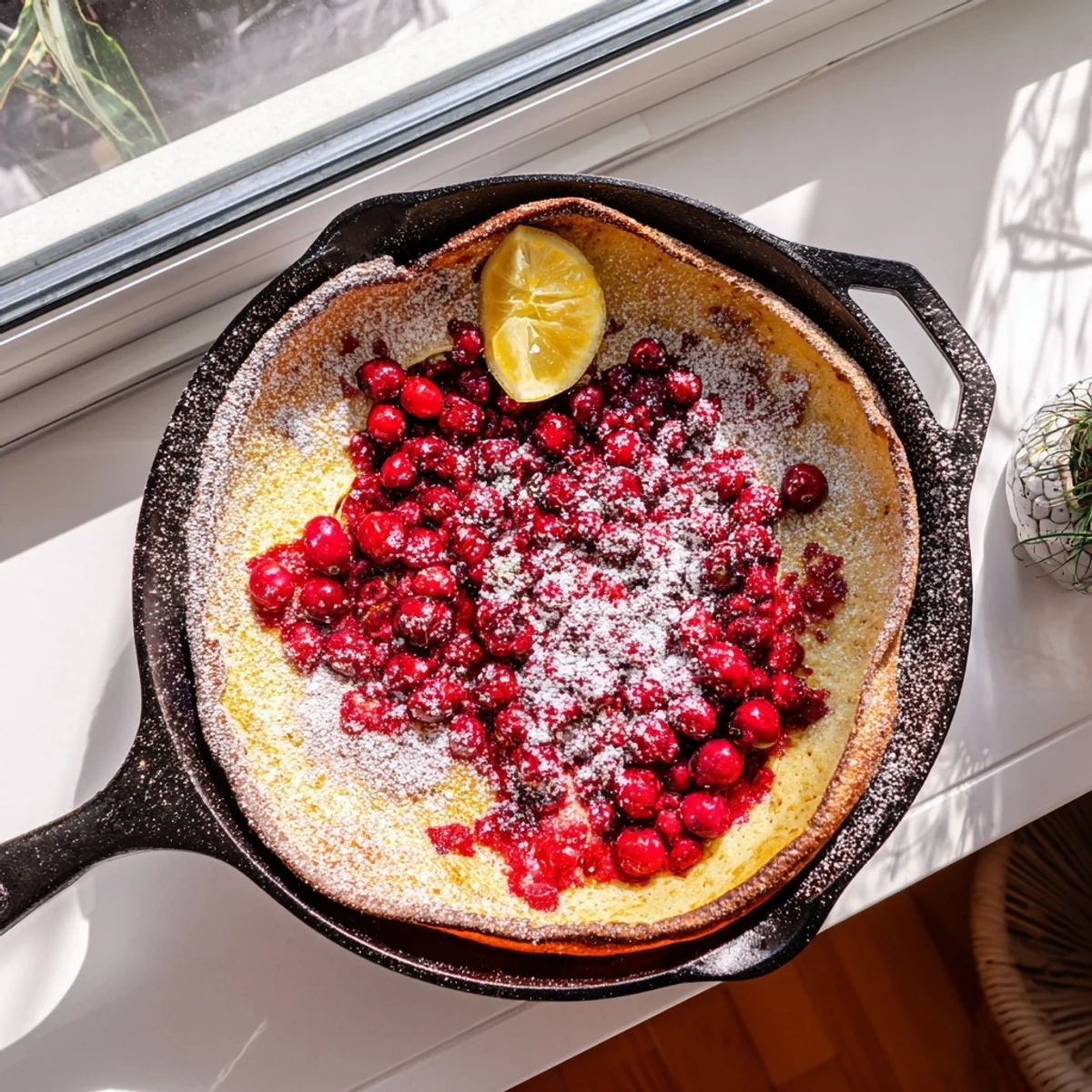 Golden puffed Dutch baby pancake topped with vibrant red cranberry compote and powdered sugar
