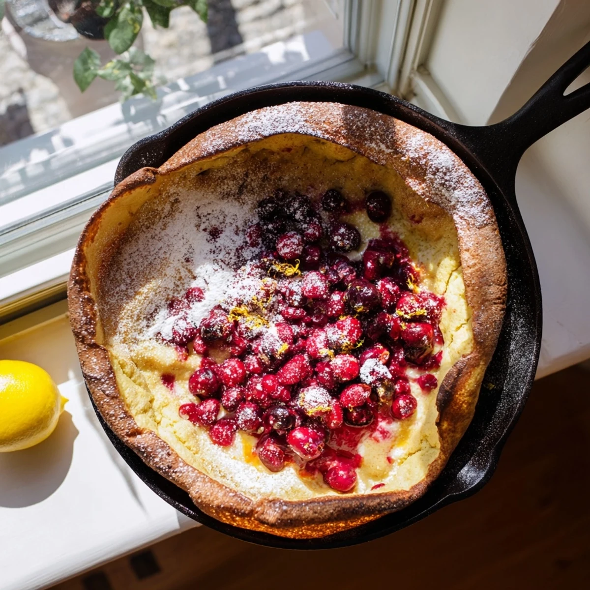 Fluffy oven-baked Dutch baby with tangy cranberry sauce served warm for brunch