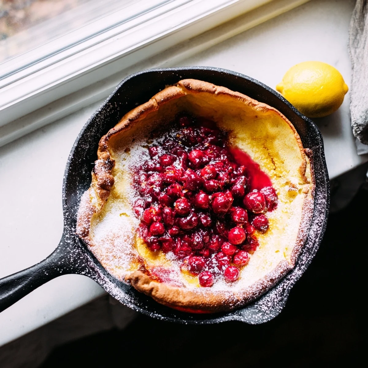 Rustic cast iron skillet showcasing golden brown Dutch baby drizzled with sweet cranberry compote