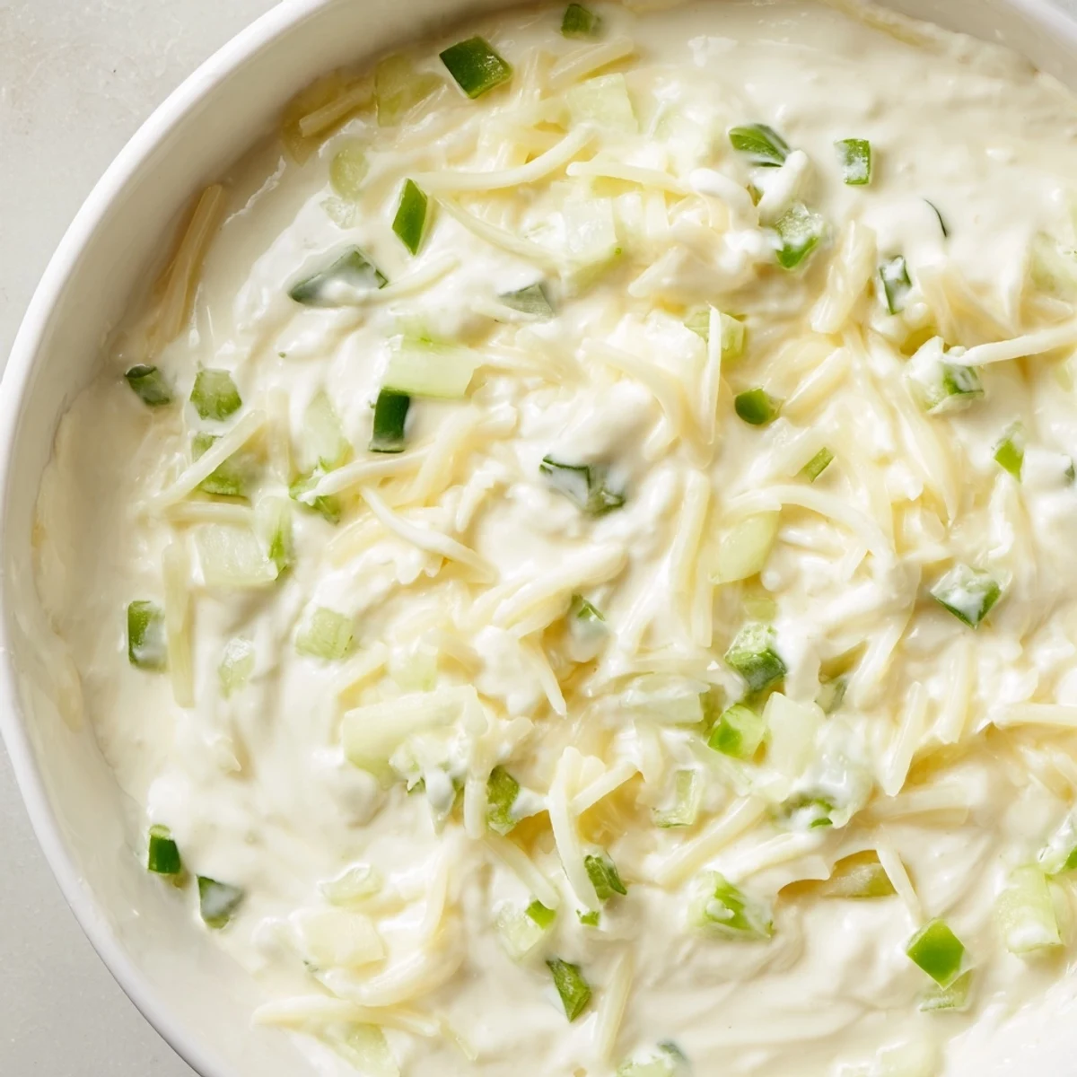 Creamy white queso dip bubbling in a saucepan with melted American cheese and diced jalapeños