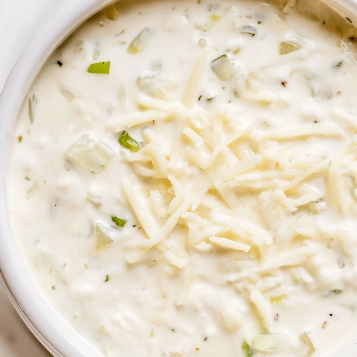 Smooth white queso dip with green chilies and onion, garnished with fresh cilantro