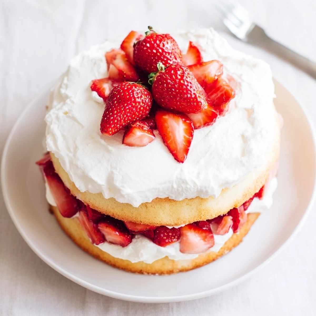 Strawberry Shortcake Cake slice revealing tender sponge layers filled with macerated berries and sweet cream