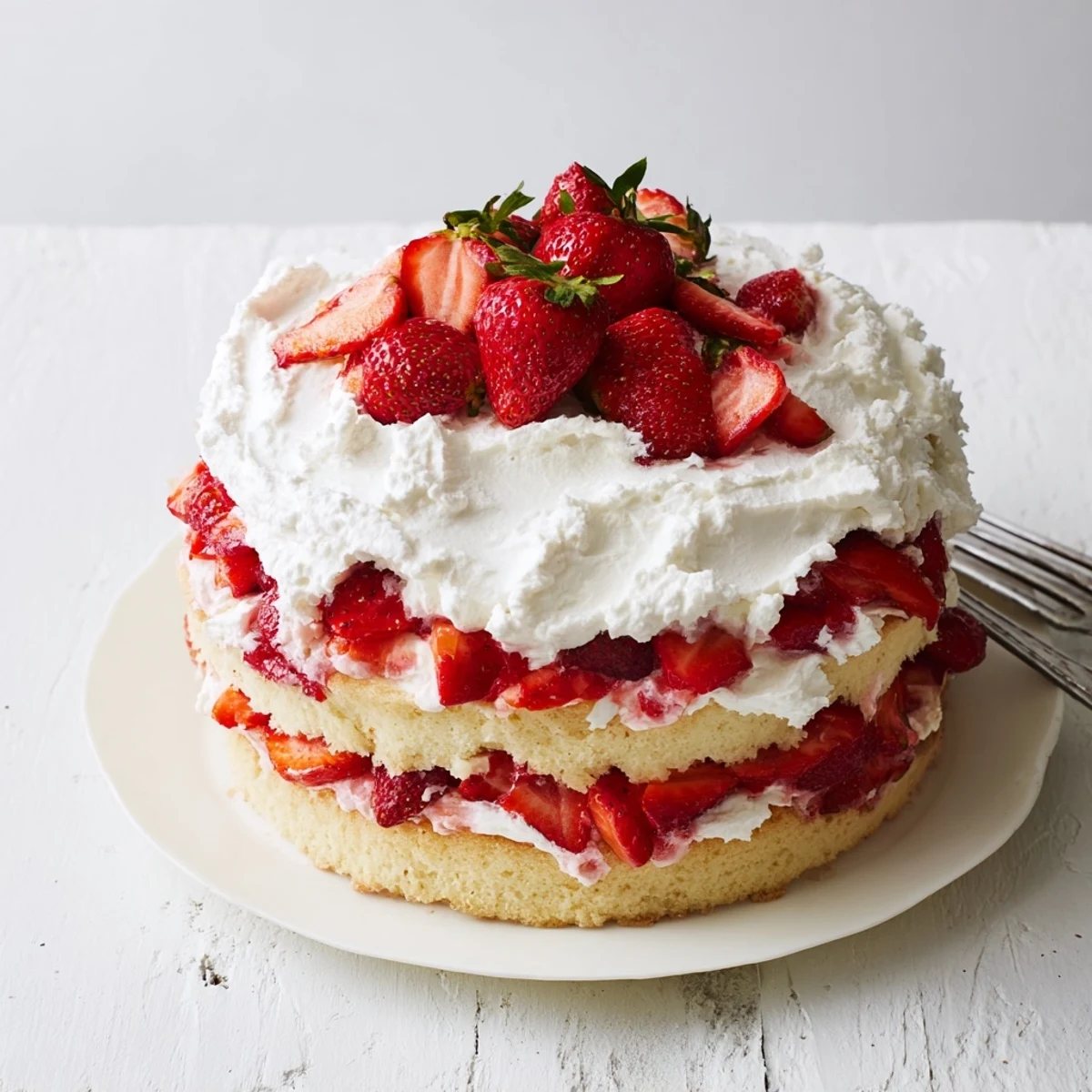 Golden vanilla layer cake stacked with juicy fresh strawberries and fluffy whipped cream topping
