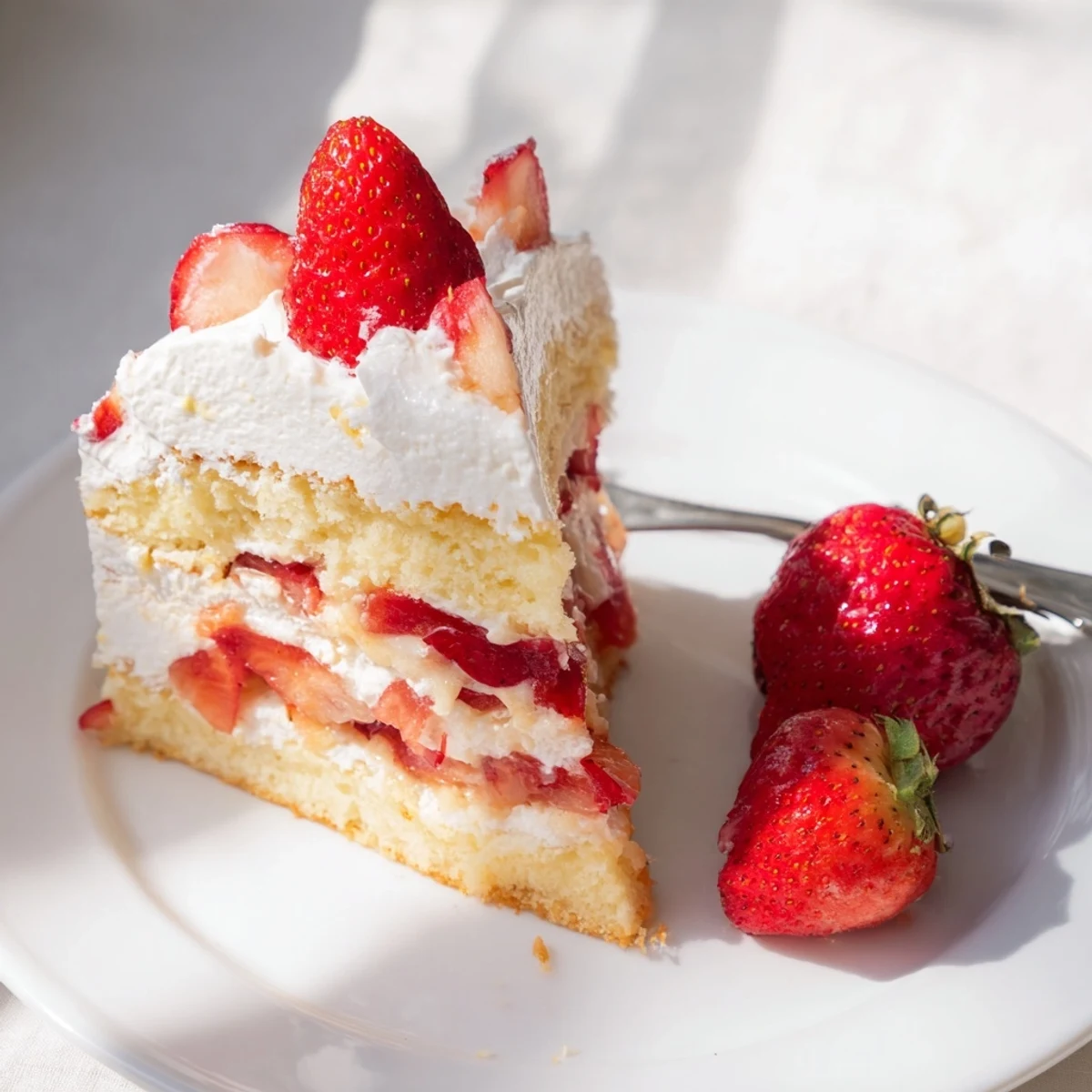 Decadent triple-layer Strawberry Shortcake Cake drizzled with strawberry juices and topped with whole red berries