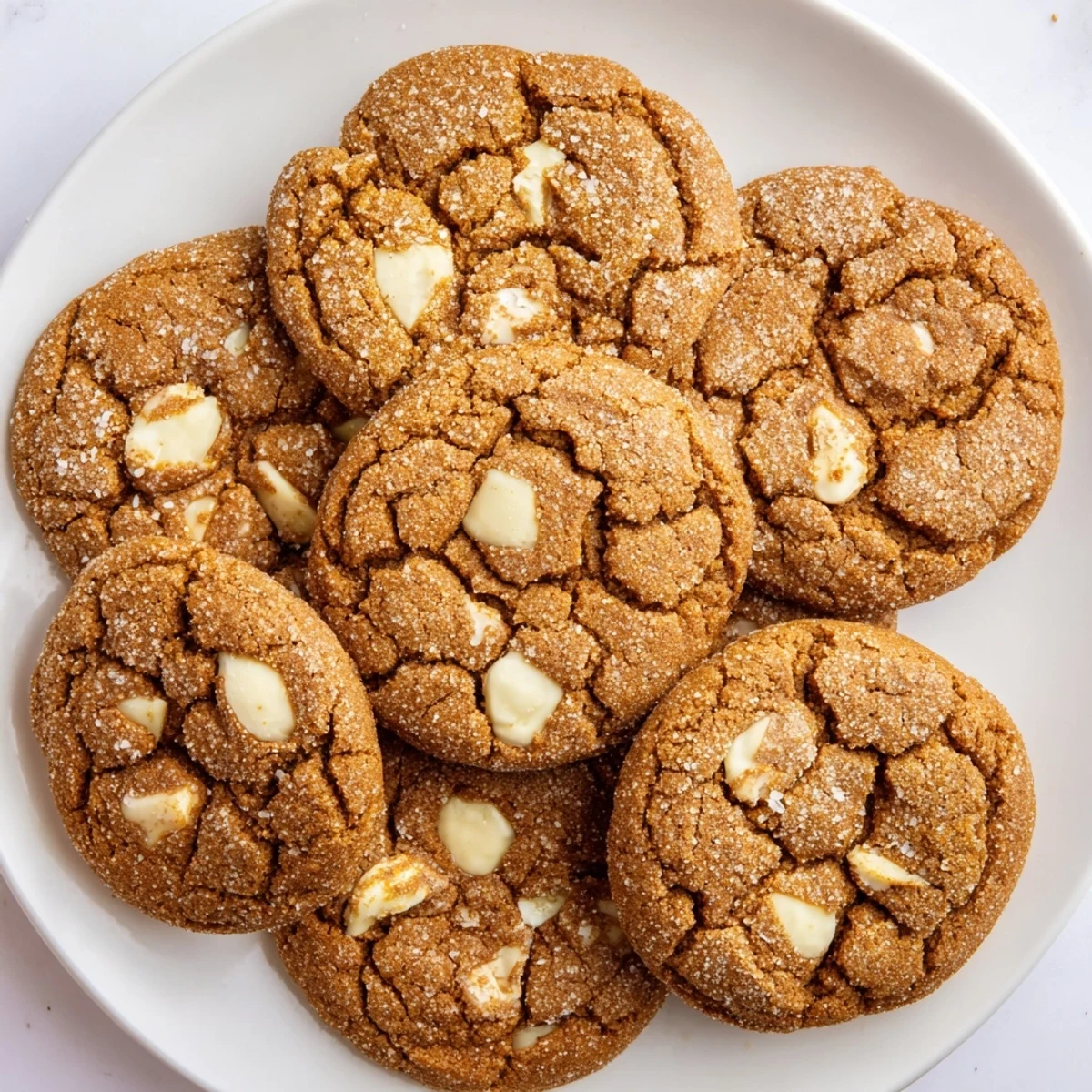 Chewy gingerbread white chocolate cookies studded with creamy white chocolate chunks on a wooden board