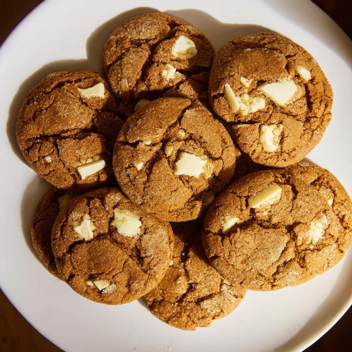 Warmly spiced gingerbread white chocolate cookies fresh from the oven with melted chips and crackled edges