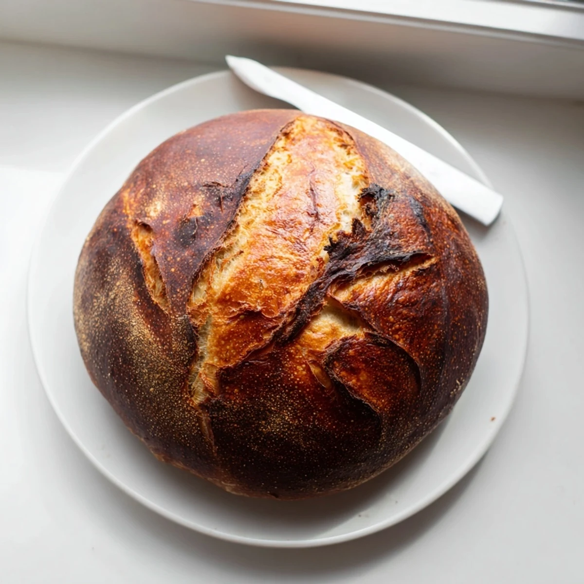 Rustic sourdough bread loaf with golden crust sliced on wooden board