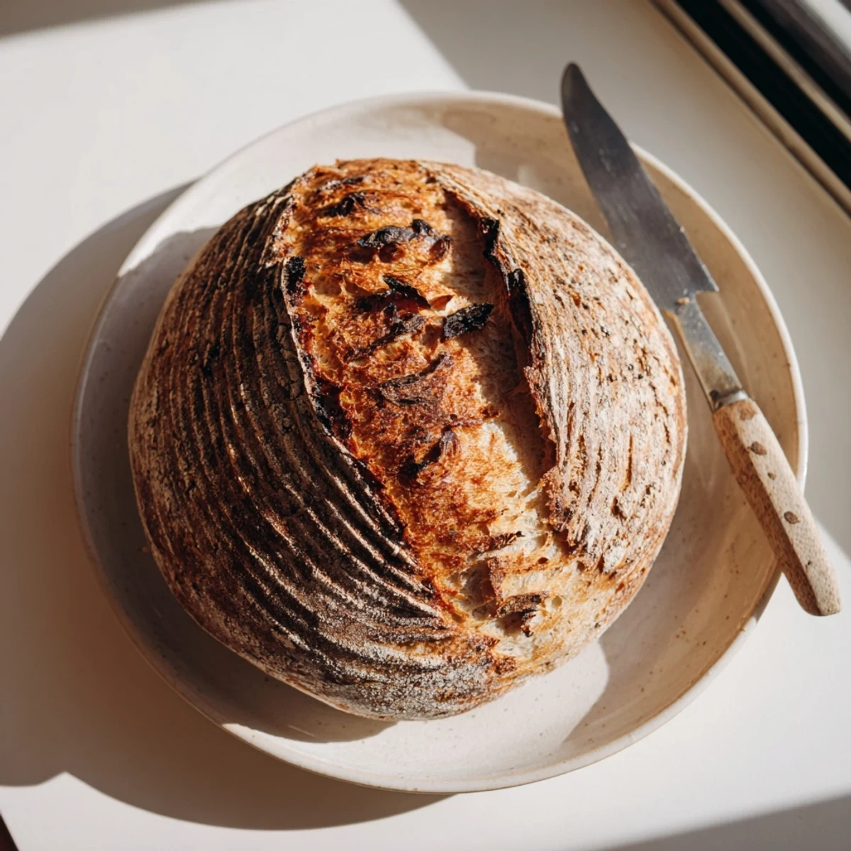 Freshly baked sourdough bread showing chewy interior and airy crumb texture