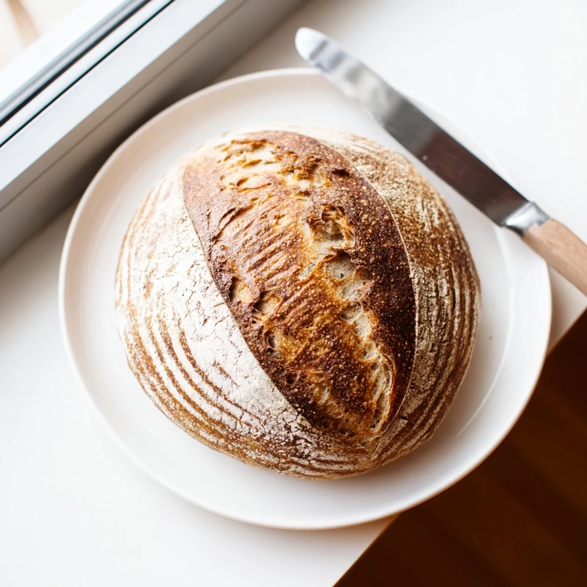 Homemade sourdough bread cooling on wire rack with deep scoring marks