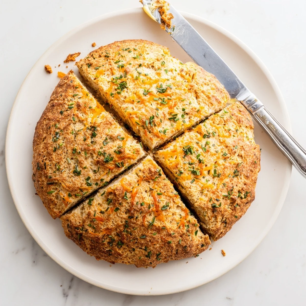 Golden cheddar and herb soda bread loaf freshly baked with a crisp, golden crust