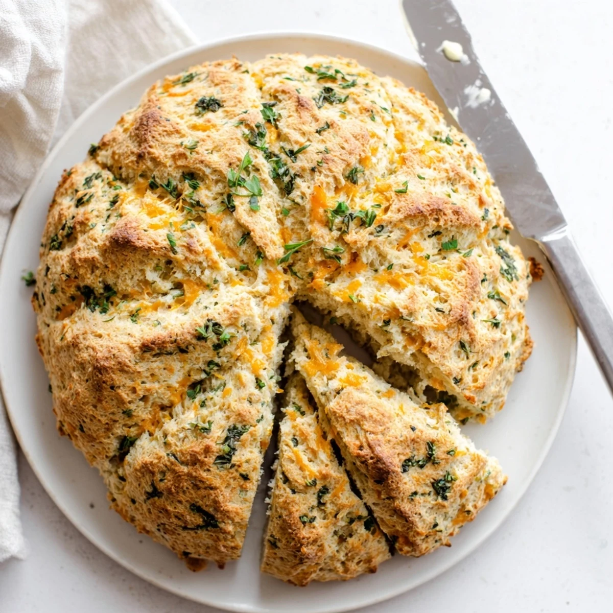 Rustic soda bread topped with melted sharp cheddar and fragrant fresh green herbs