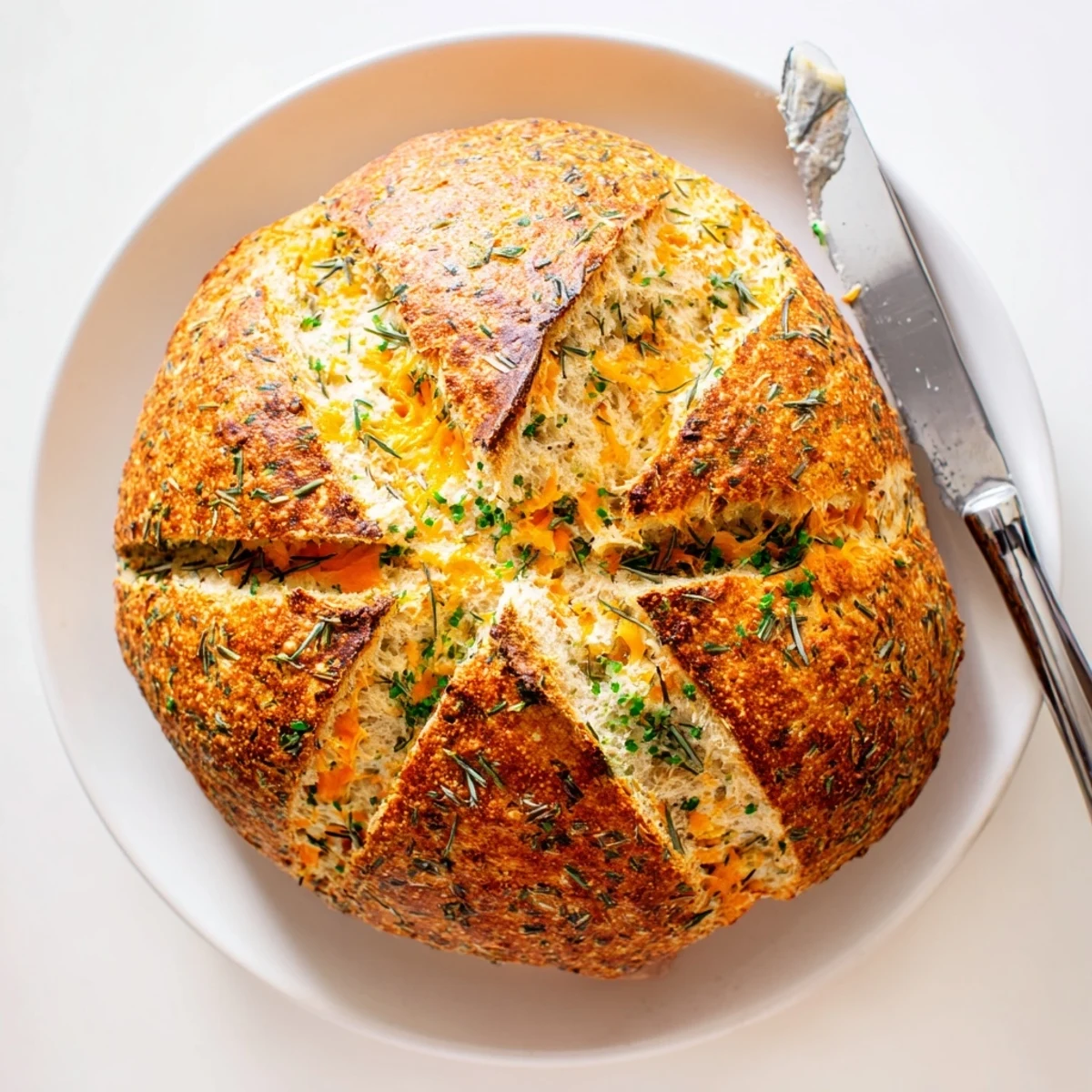 Sliced warm cheddar and herb soda bread served on a wooden cutting board