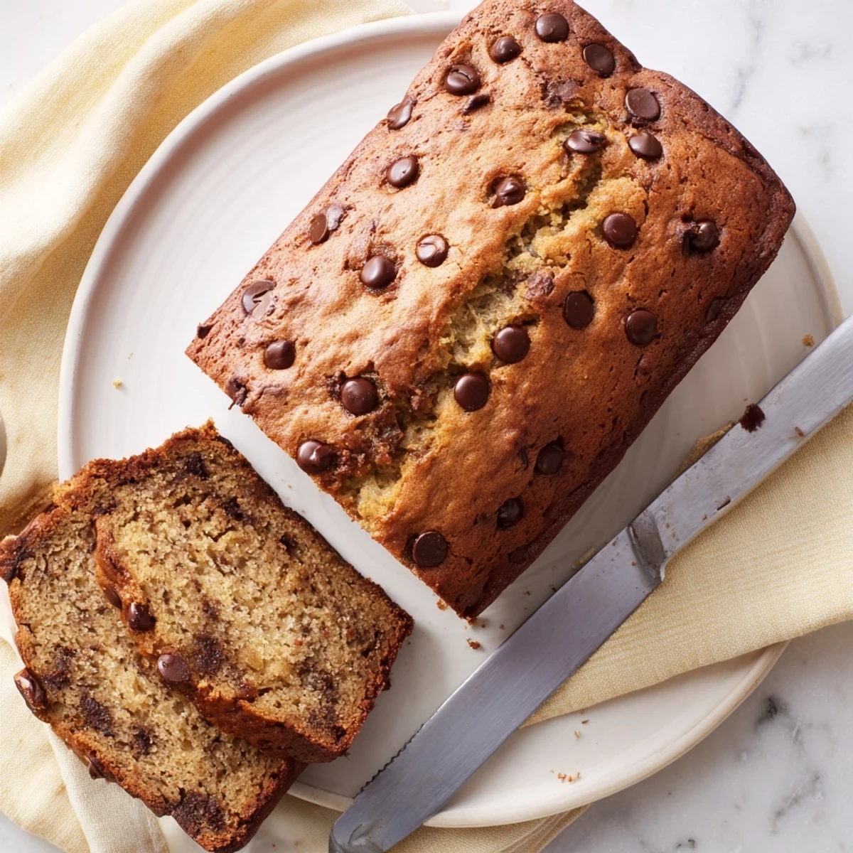 Golden chocolate chip banana bread loaf with melted chocolate pockets on a rustic wooden board