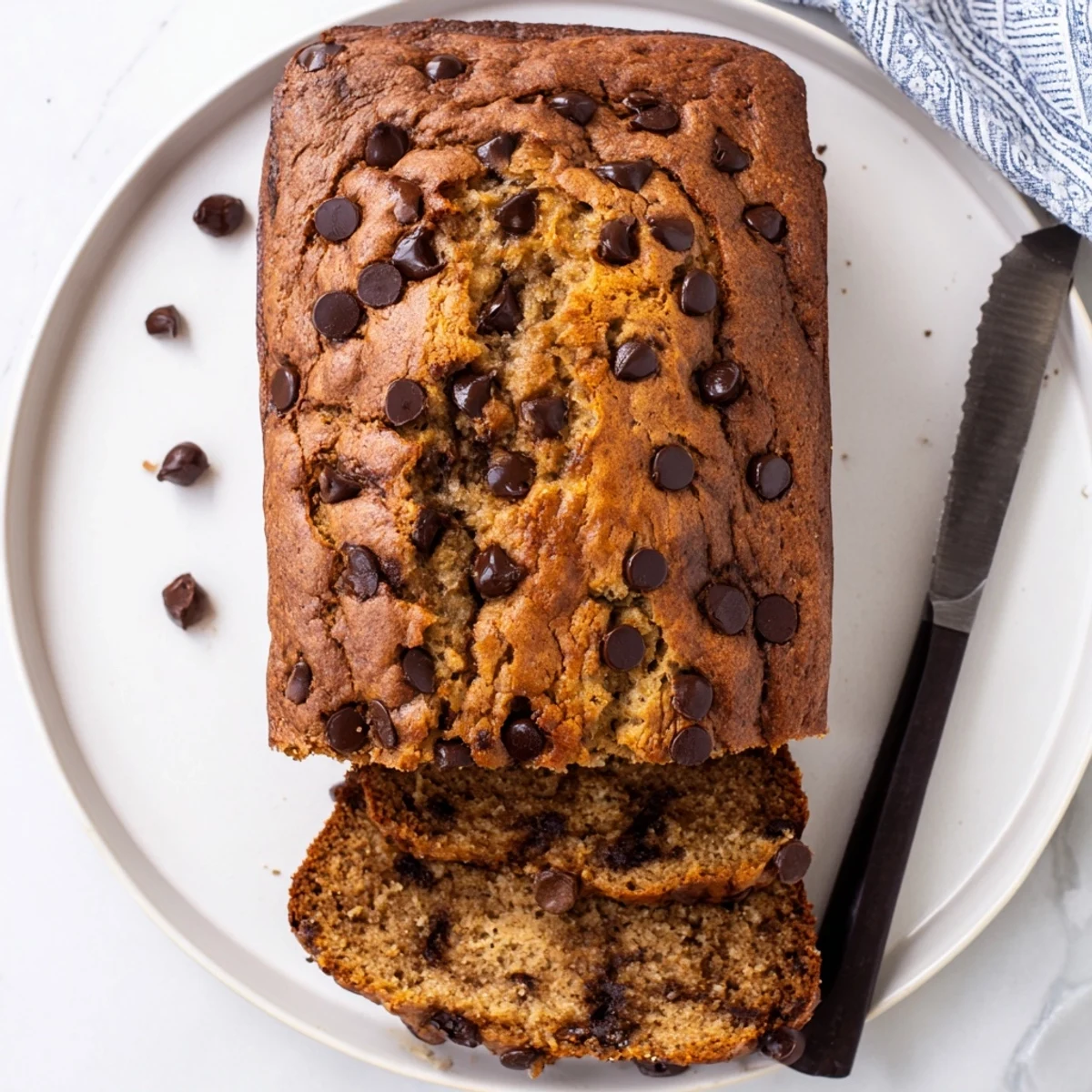 Moist homemade chocolate chip banana bread slices revealing dark chocolate morsels throughout the tender crumb