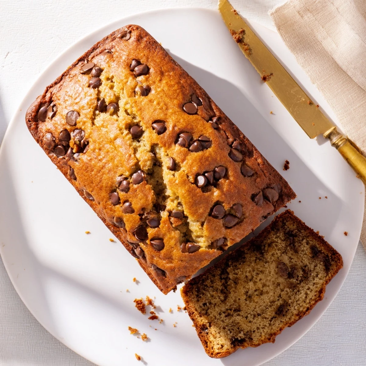Freshly baked chocolate chip banana bread topped with scattered chips and a dusting of powdered sugar