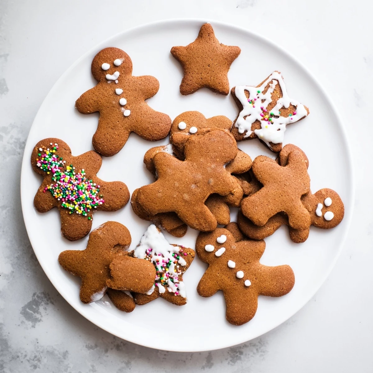 Golden brown classic cut out gingerbread cookies decorated with white royal icing and colorful sprinkles on a white plate